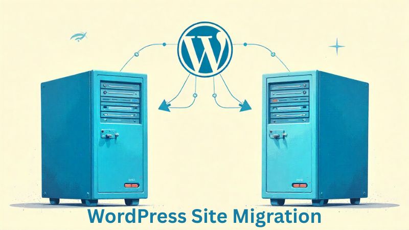 Illustration showing a WordPress website being safely migrated from one hosting server to another without data loss