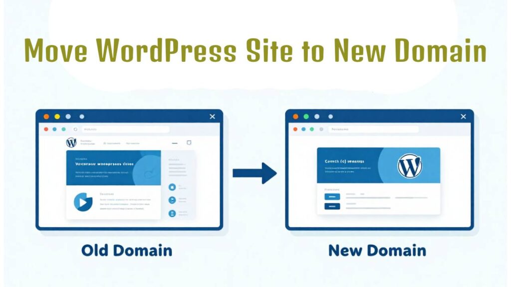Illustration showing a WordPress website moving safely from an old domain to a new domain without losing traffic or content