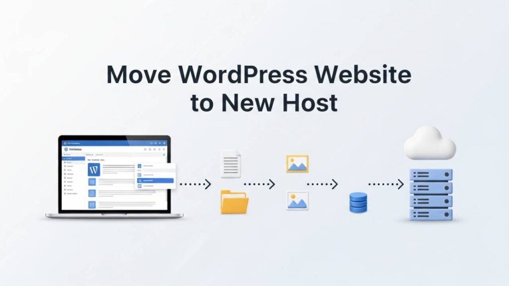 Illustration showing how to move WordPress website to new host with files and database transferring between servers.