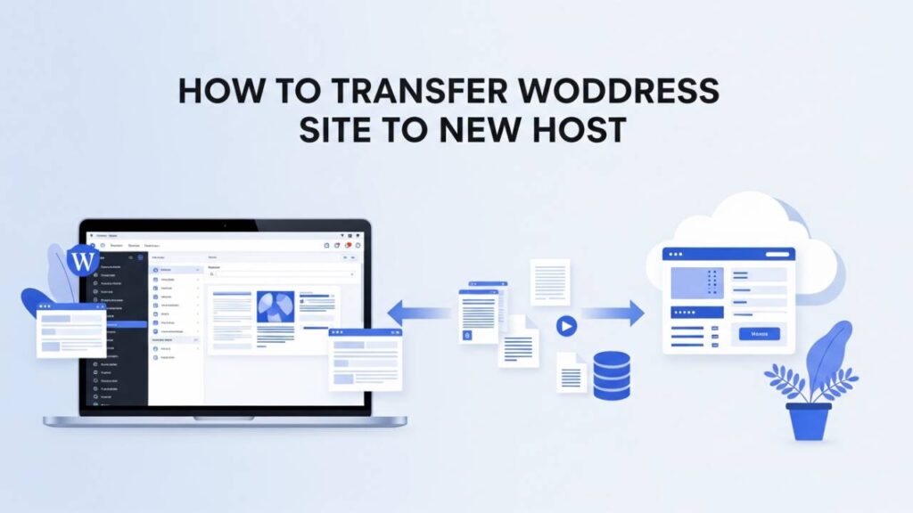 Illustration showing how to transfer a WordPress site to a new host with files and data moving between servers