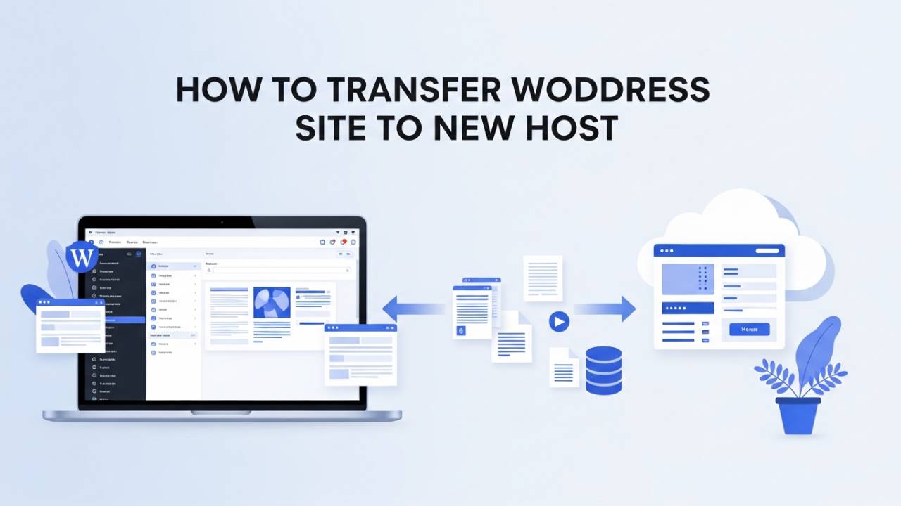 Illustration showing how to transfer a WordPress site to a new host with files and data moving between servers