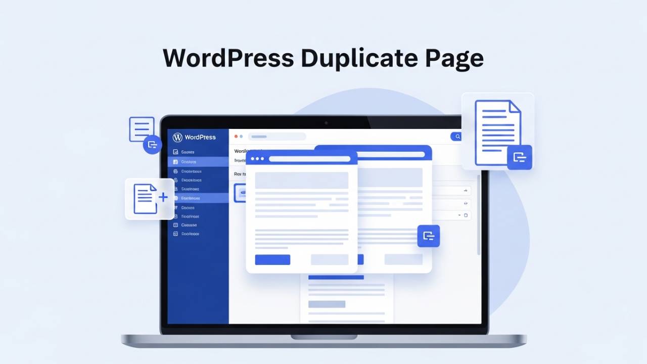 Illustration of a WordPress dashboard showing two identical pages to explain how to create a WordPress duplicate page.