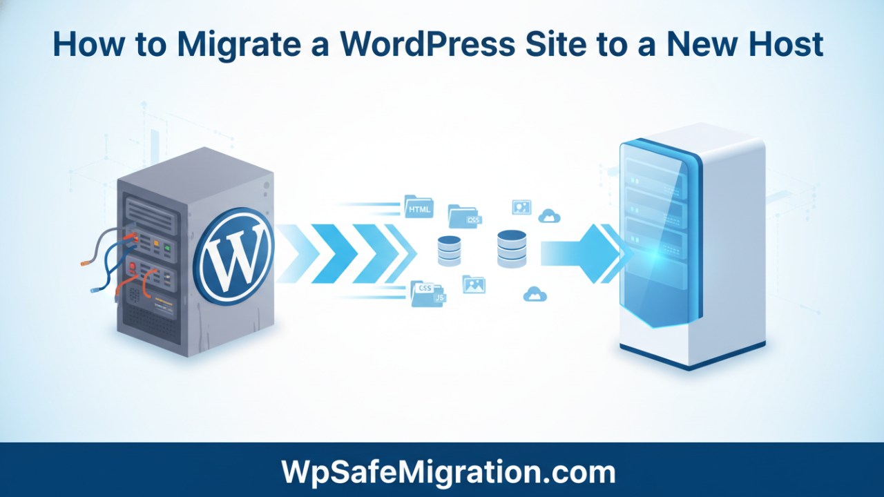 Illustration showing how to migrate a WordPress site to a new host with server transfer, database export, and DNS update process.