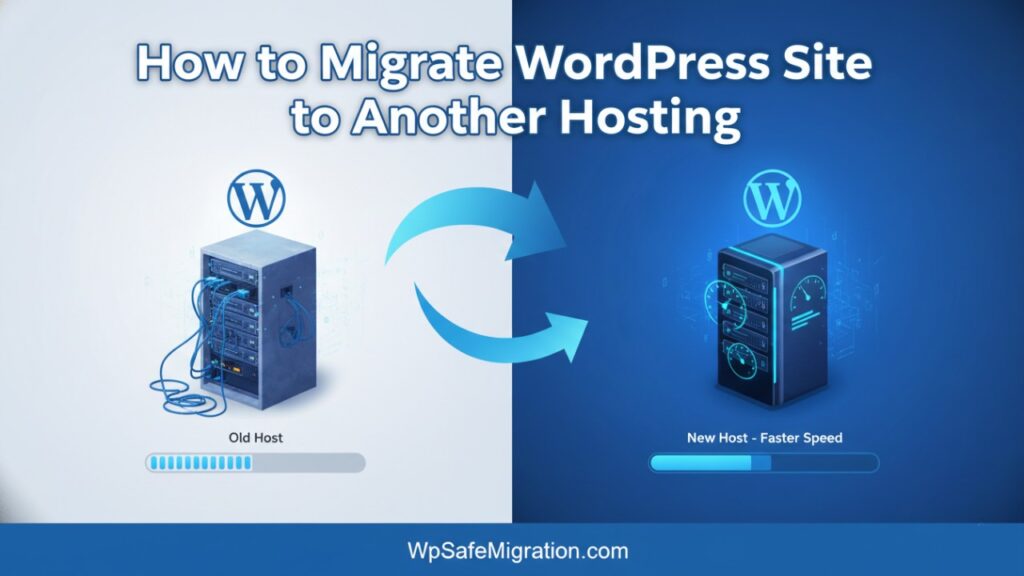 Illustration showing how to migrate WordPress site to another hosting with old and new servers connected by an arrow and WpSafeMigration.com branding.