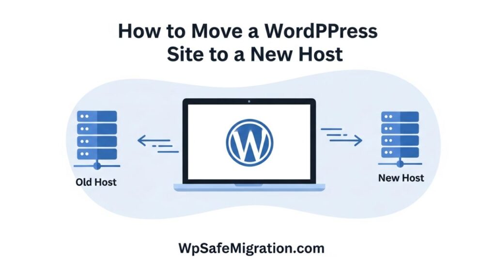 How to move a WordPress site to a new host showing a website being transferred safely between two hosting servers