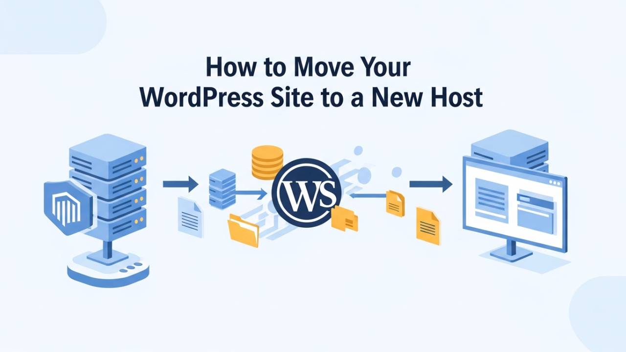 Illustration showing how to move your WordPress site to a new host with files and database safely transferred between servers