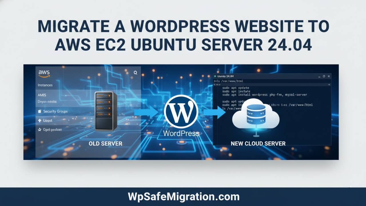 Illustration showing how to migrate a WordPress website to AWS EC2 Ubuntu Server 24.04 with cloud server and terminal setup