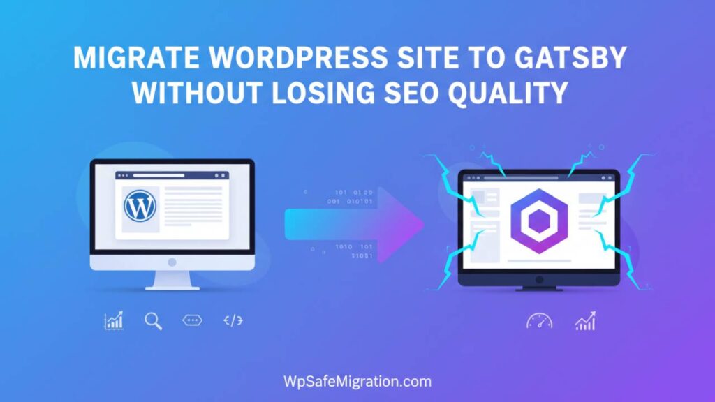 Illustration showing migration from WordPress to Gatsby with SEO elements like ranking graph, speed meter, and website transfer arrow.