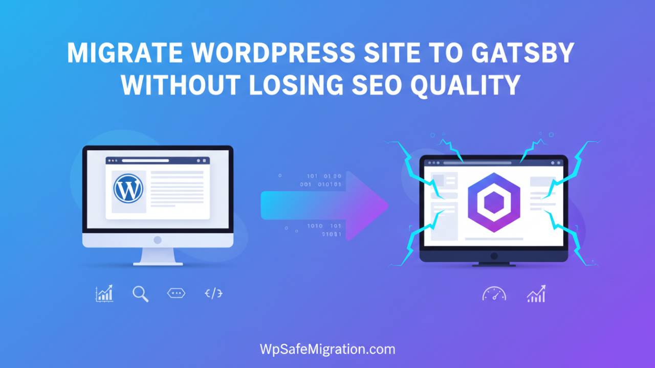 Illustration showing migration from WordPress to Gatsby with SEO elements like ranking graph, speed meter, and website transfer arrow.