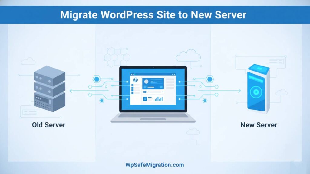 Illustration showing how to migrate WordPress site to new server with data transfer between old and new hosting servers.