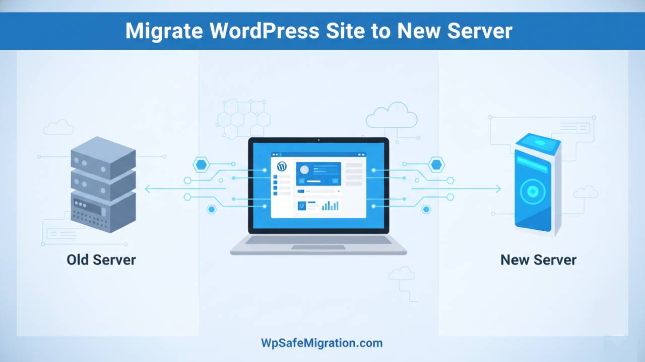 Illustration showing how to migrate WordPress site to new server with data transfer between old and new hosting servers.