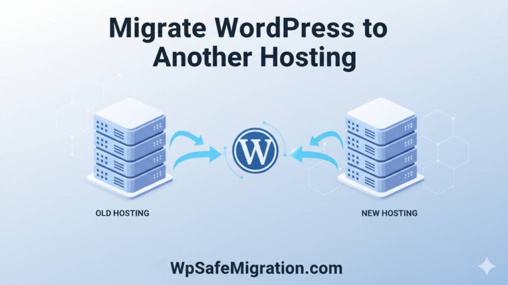 Migrate WordPress to another hosting showing website transfer from old server to new hosting with WordPress logo