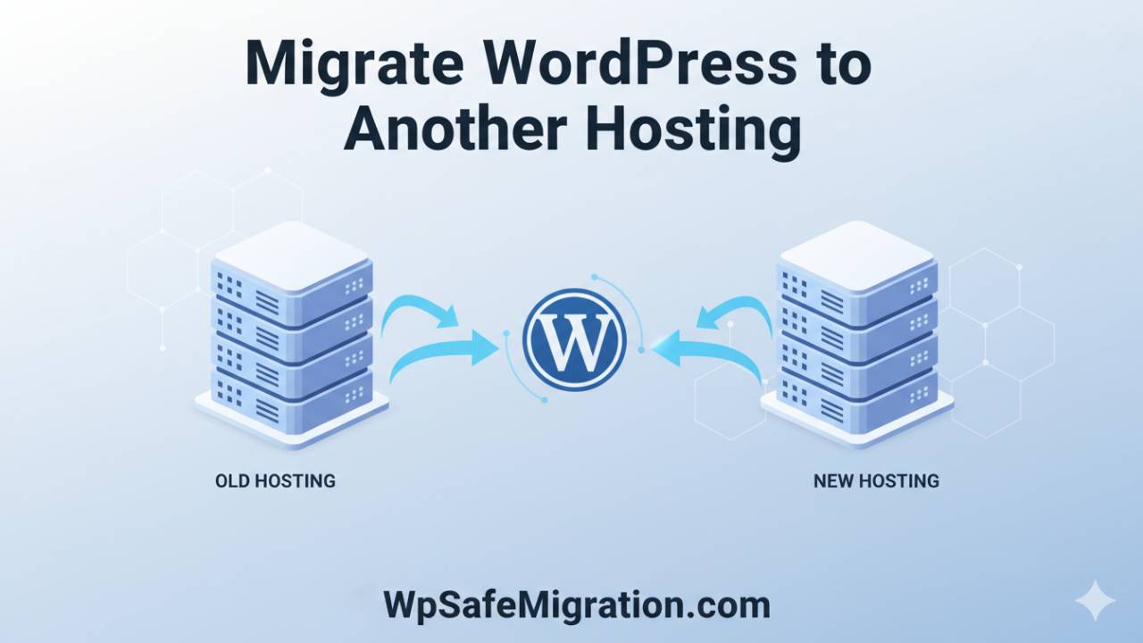 Migrate WordPress to another hosting showing website transfer from old server to new hosting with WordPress logo