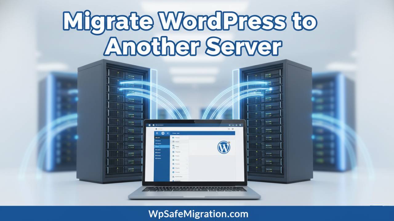 Migrate WordPress to another server illustration showing website transfer between two servers with WordPress dashboard and data migration concept.