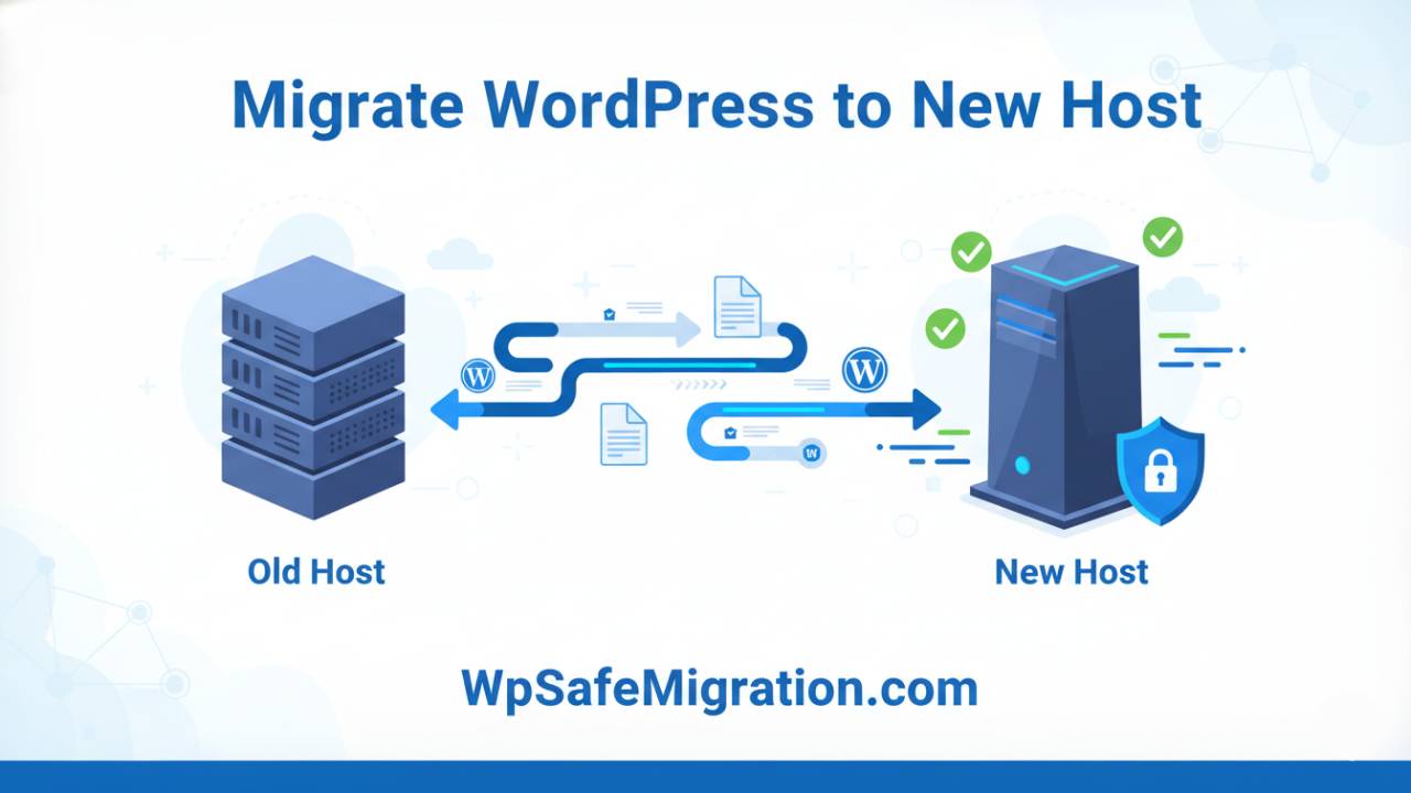 Illustration showing how to migrate WordPress to new host with files moving from an old server to a new hosting server