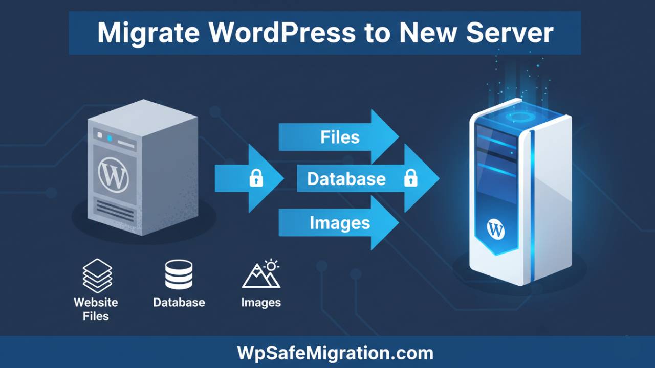Illustration showing migrate WordPress to new server with website files transferring from old server to new hosting safely