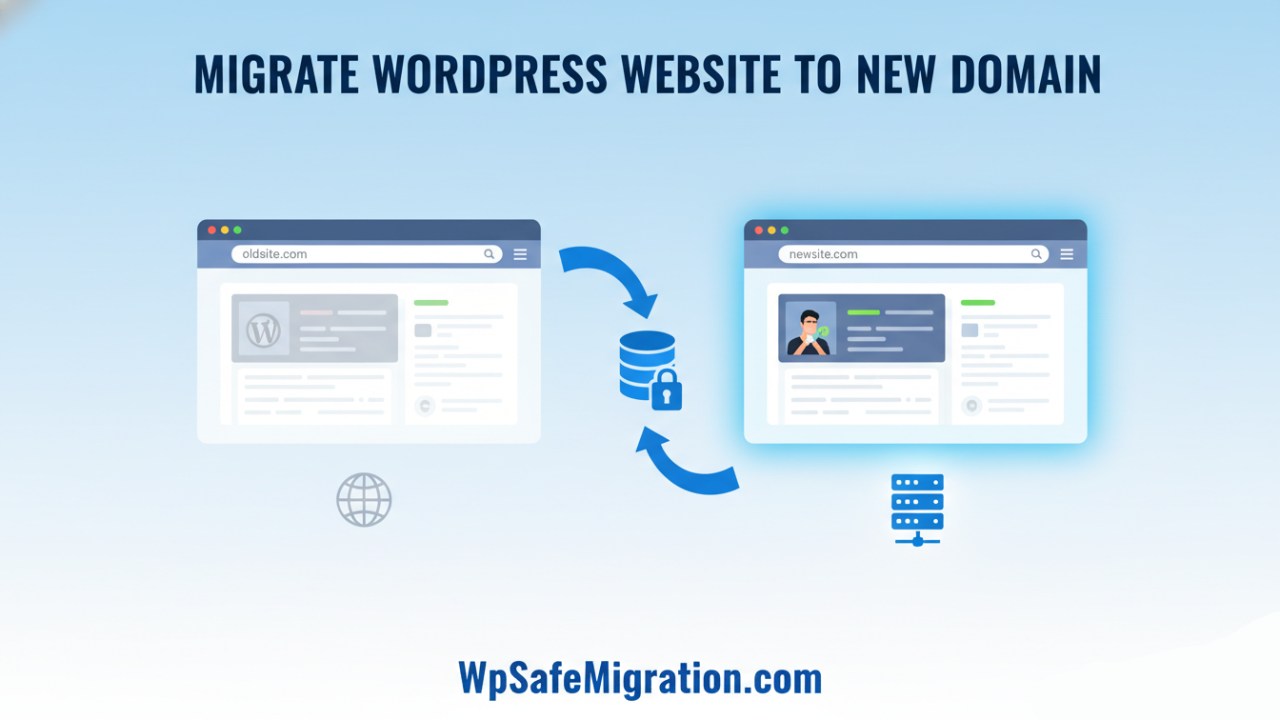 Illustration showing migrate WordPress website to new domain with arrows pointing from old domain to new domain and WpSafeMigration.com branding