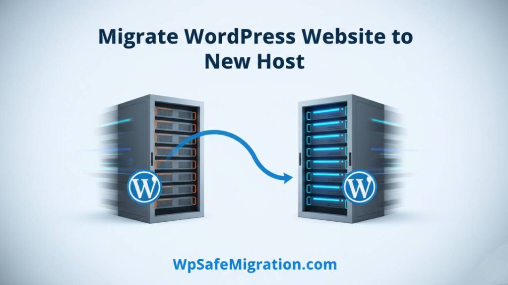 Illustration showing how to migrate WordPress website to new host with servers and WordPress logo moving safely