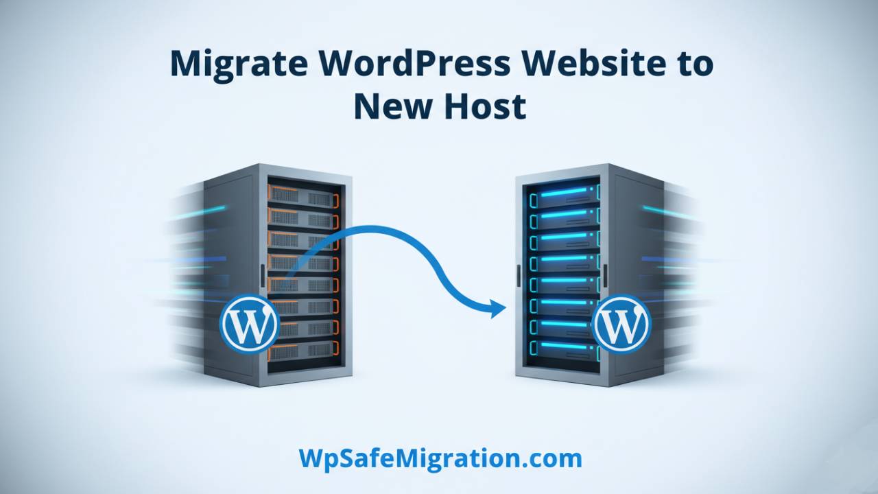 Illustration showing how to migrate WordPress website to new host with servers and WordPress logo moving safely