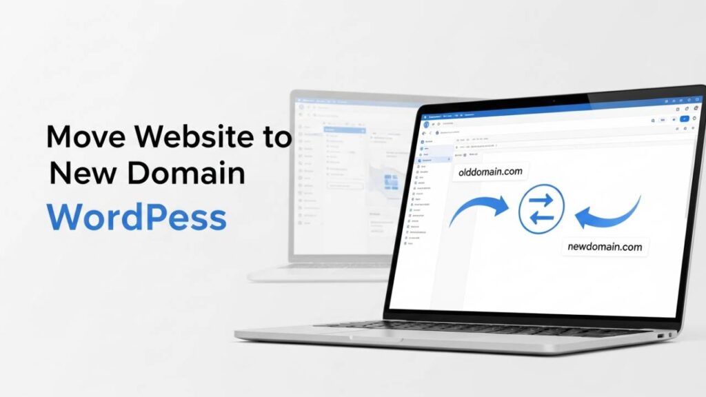 Illustration showing how to move website to new domain WordPress safely with domain change and SEO protection
