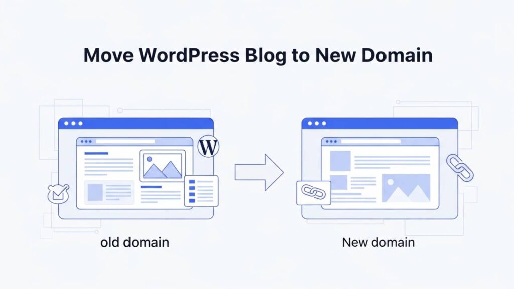 Illustration showing how to move a WordPress blog to a new domain safely without losing traffic or search rankings