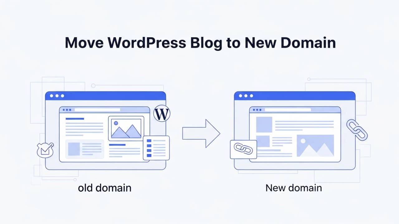 Illustration showing how to move a WordPress blog to a new domain safely without losing traffic or search rankings