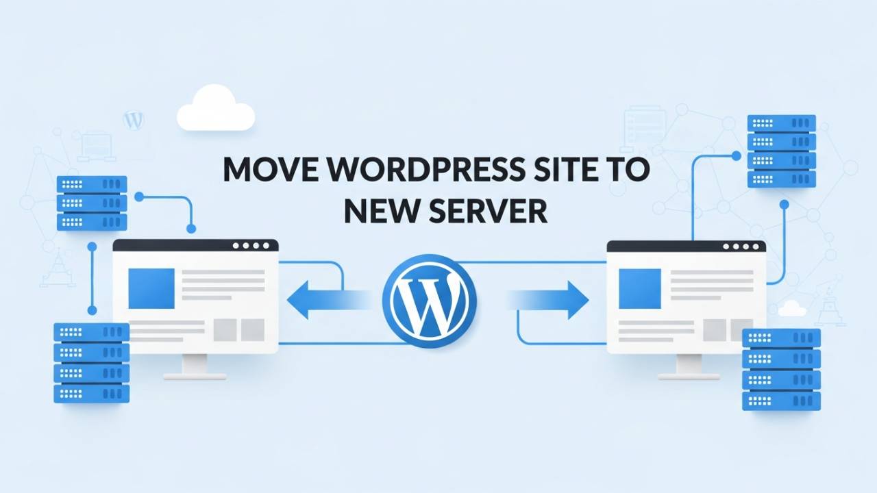 Illustration showing how to move a WordPress site to a new server with files and database transferred safely