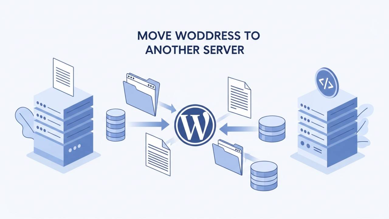 Move WordPress to another server showing website files and database transferring between two hosting servers