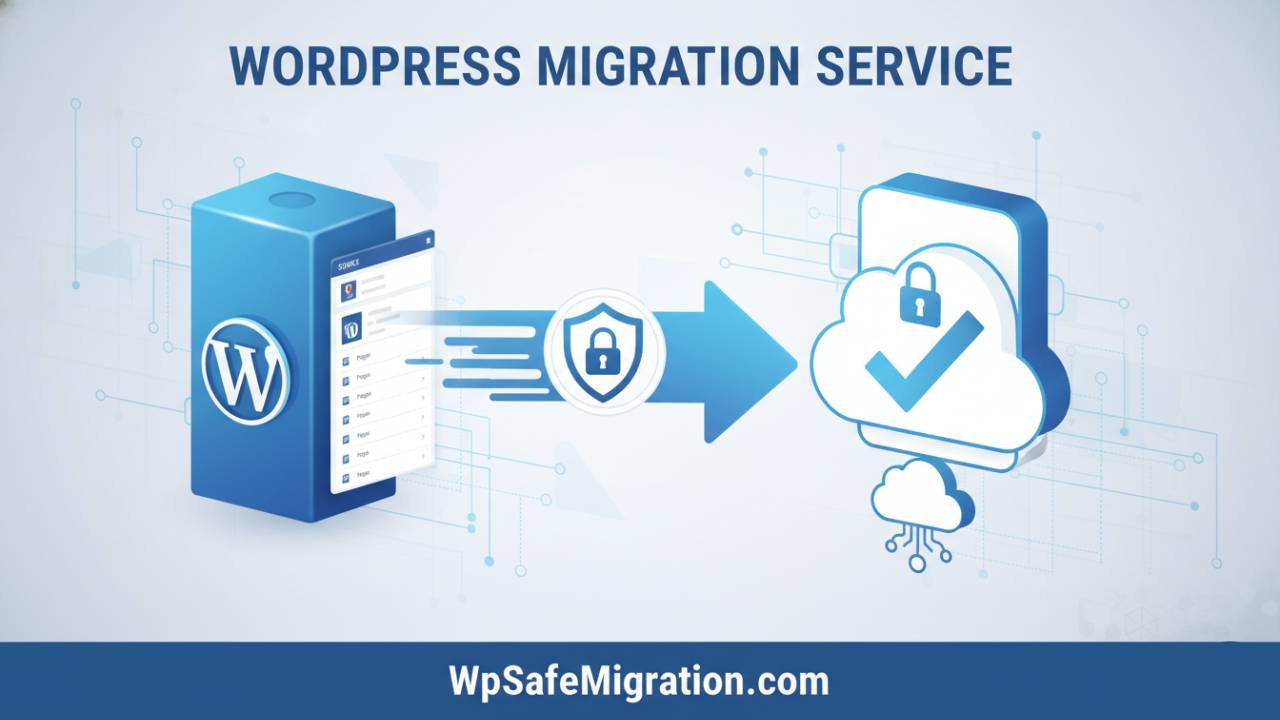 WordPress migration service illustration showing secure website transfer between servers with zero downtime and data protection