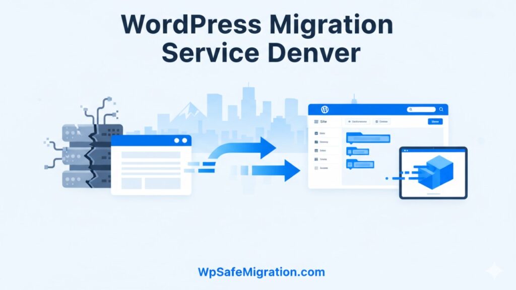Illustration showing migrate WordPress website to new domain with arrows pointing from old domain to new domain and WpSafeMigration.com branding