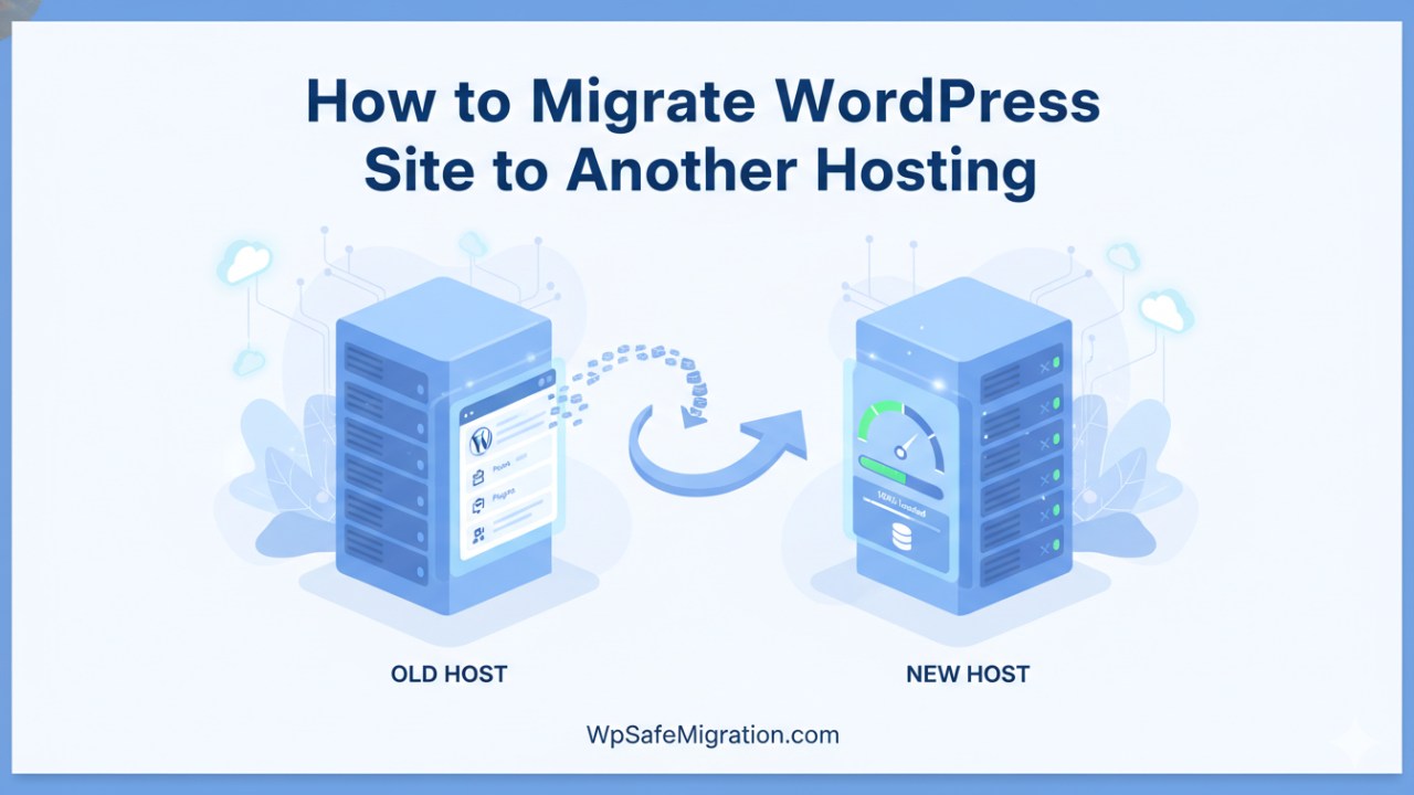 How to migrate WordPress site to another hosting with server transfer illustration and WordPress dashboard