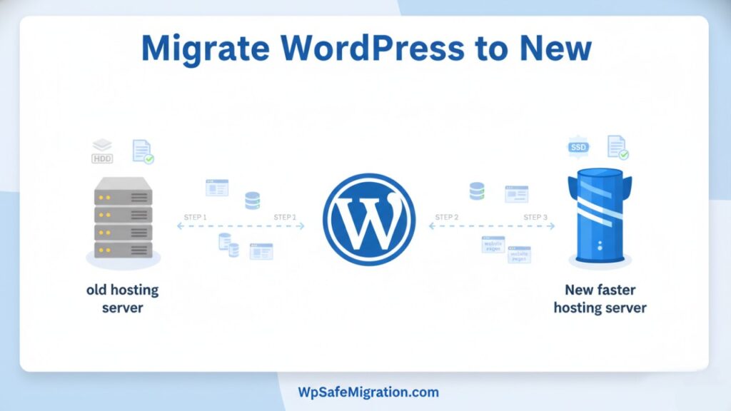 Migrate WordPress to new hosting illustration showing WordPress website transferring from old hosting server to a new hosting server.