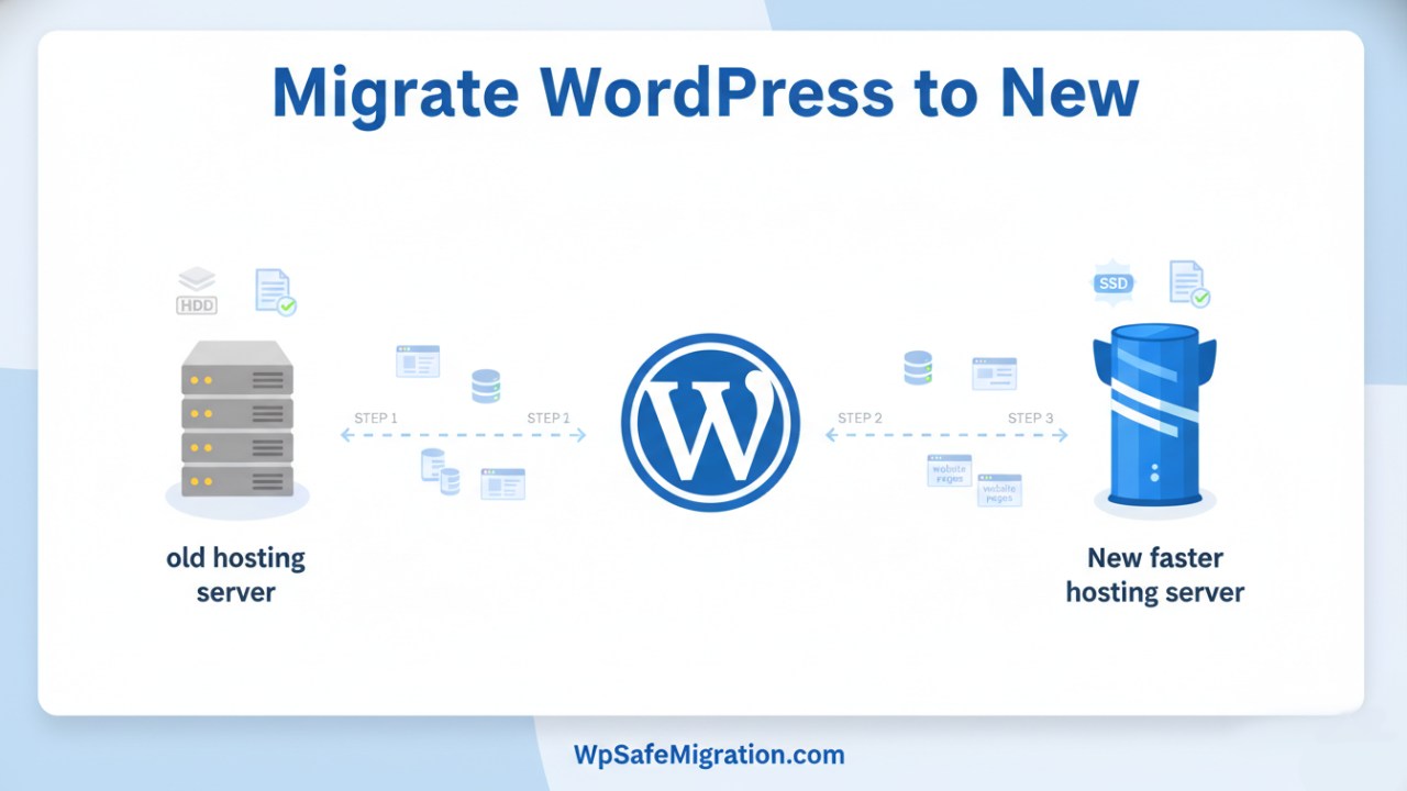 Migrate WordPress to new hosting illustration showing WordPress website transferring from old hosting server to a new hosting server.